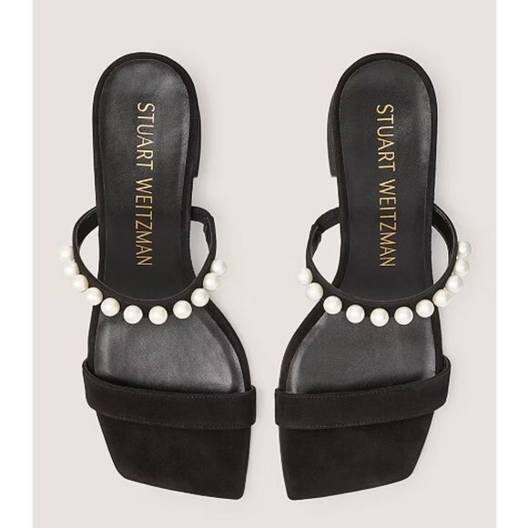 Stuart Weitzman Goldie 60 Pearl Slide Sandals 6.5 NIB Block Heel Black Suede - Picture 12 of 14